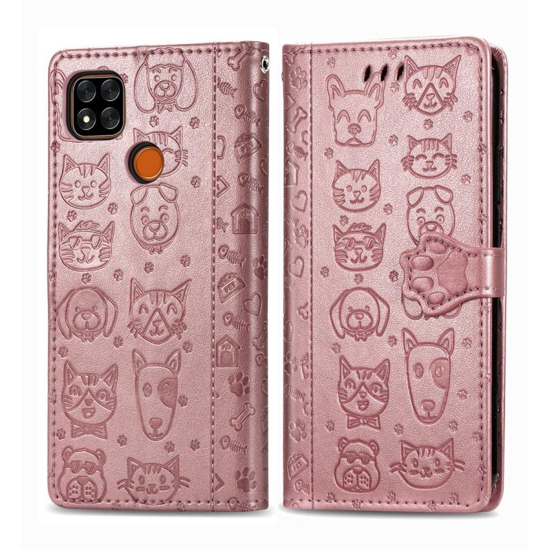 Voor Xiaomi Redmi 9C Cute Cat and Dog Embossed Horizontal Flip Leather Case met Holder & Card Slots & Wallet & Lanyard(Rose Gold)