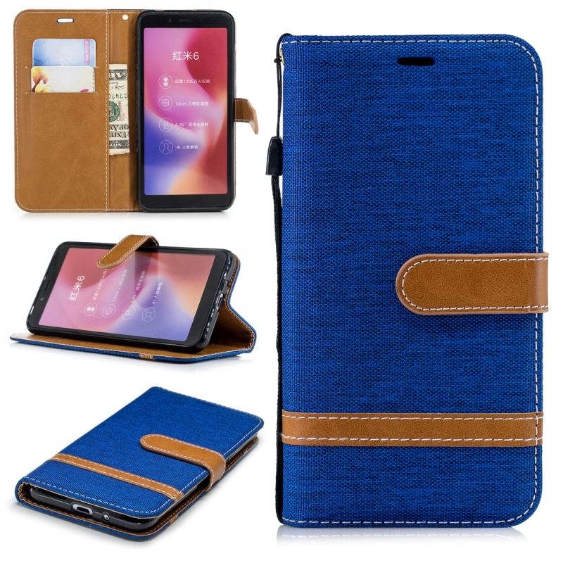 Color Matching Denim Texture Leather Case for Xiaomi Redmi 6 / 6A with Holder & Card Slots & Wallet & Lanyard(Royal Blue)