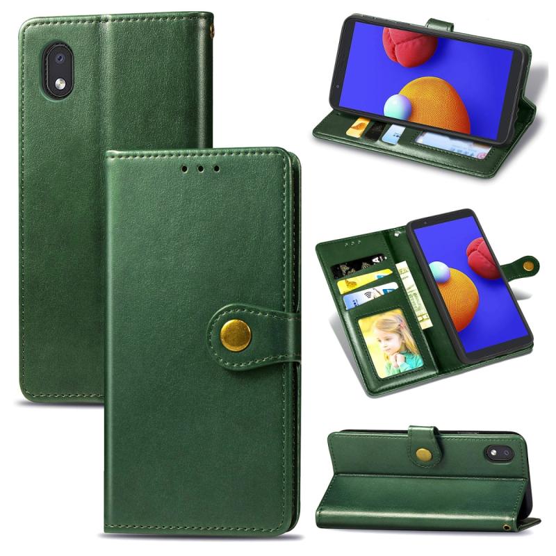 Voor Samsung Galaxy A1 Core Retro Solid Color Leather Buckle Phone Case met Lanyard & Photo Frame & Card Slot & Wallet & Stand Functie(Groen)