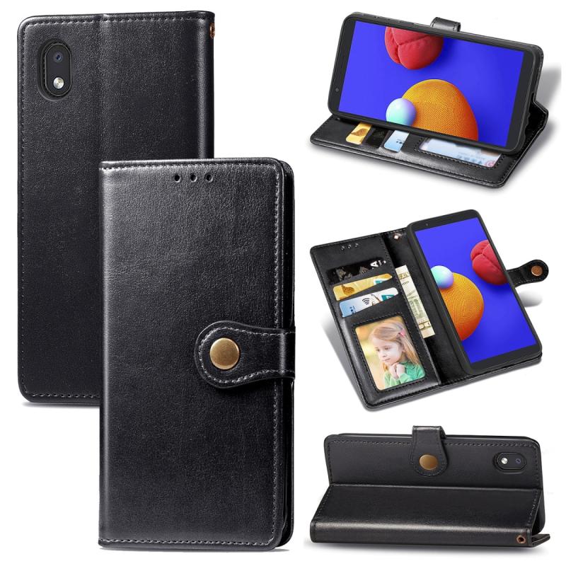 Voor Samsung Galaxy A1 Core Retro Solid Color Leather Buckle Phone Case met Lanyard & Photo Frame & Card Slot & Wallet & Stand Functie(Zwart)