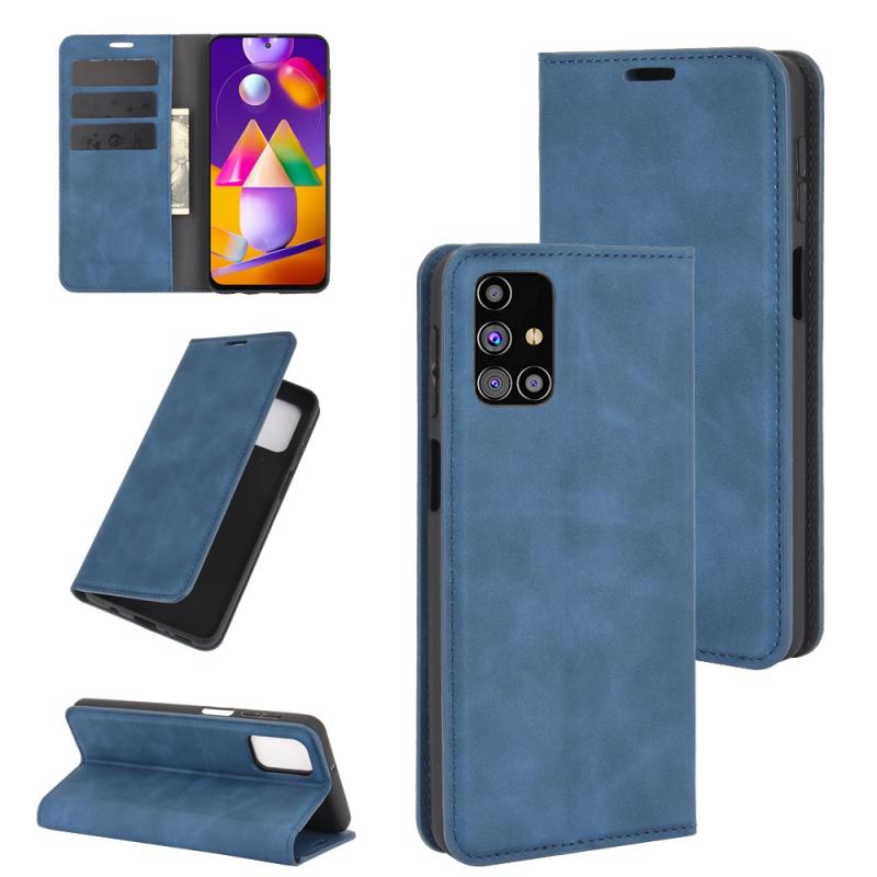 Voor Samsung Galaxy M31s Retro-skin Business Magnetic Suction Leather Case met Holder & Card Slots & Wallet(Donkerblauw)