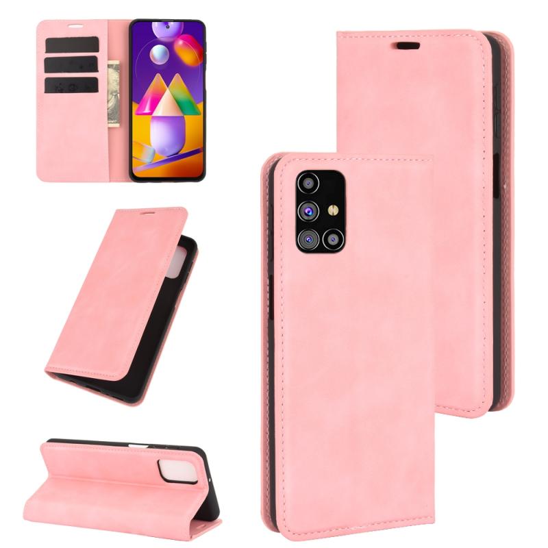 Voor Samsung Galaxy M31s Retro-skin Business Magnetic Suction Leather Case met Holder & Card Slots & Wallet(Pink)