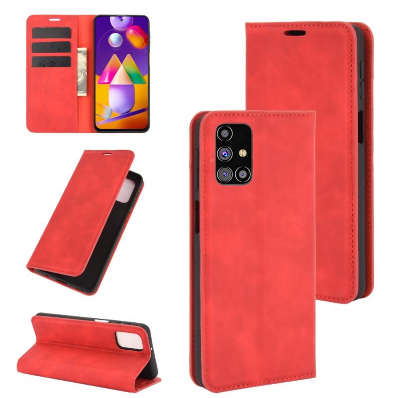 Voor Samsung Galaxy M31s Retro-skin Business Magnetic Suction Leather Case met Holder & Card Slots & Wallet(Red)