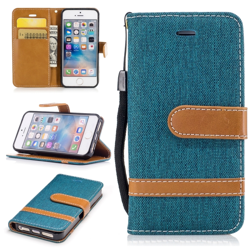 Kleur bijpassende denim textuur lederen case voor iPhone 5 & SE met houder & kaartsleuven & portemonnee & Lanyard (groen)
