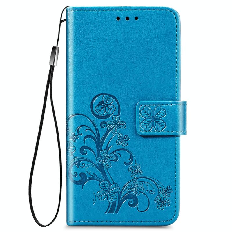 Voor Samsung Galaxy A01 Core Vierbladige gesp reliëf gesp mobiele telefoon bescherming lederen case met Lanyard & Card Slot & Wallet & Holder(Blauw)