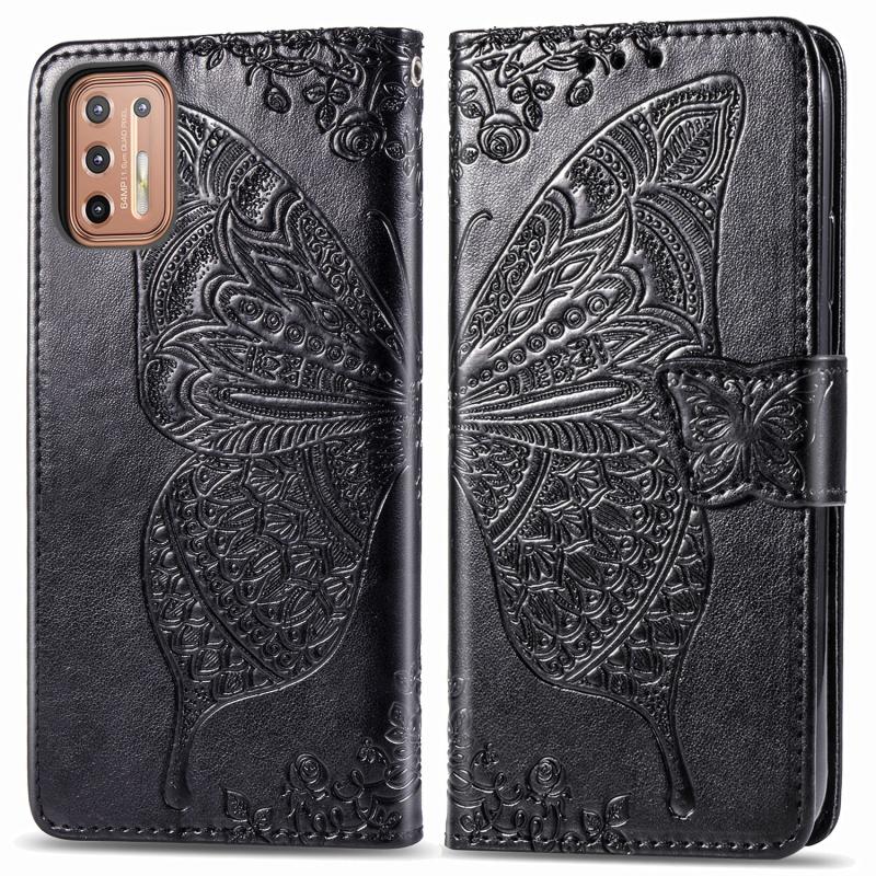 Voor Motorola Moto G9 Plus Butterfly Love Flower Reliëf Horizontale Flip Lederen Case met beugel / card slot / Portemonnee / Lanyard (Zwart)