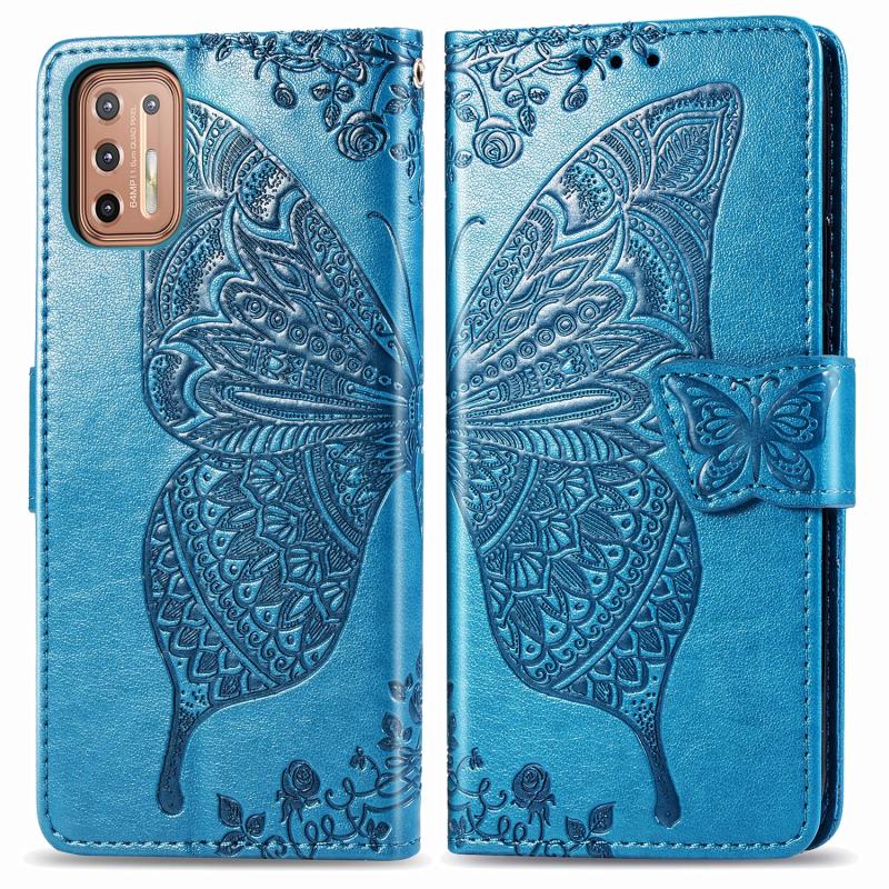 Voor Motorola Moto G9 Plus Butterfly Love Flower Reliëf Horizontale Flip Lederen Case met beugel / card slot / Portemonnee / Lanyard (Blauw)