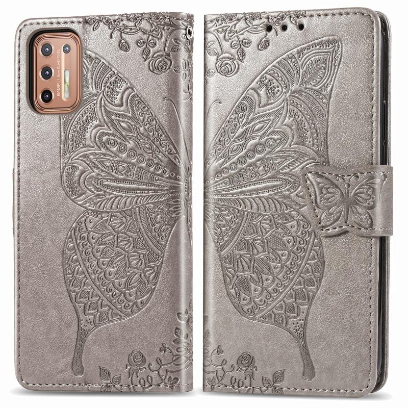 Voor Motorola Moto G9 Plus Butterfly Love Flower Reliëf Horizontale Flip Lederen Case met beugel / card slot / Portemonnee / Lanyard (Grijs)