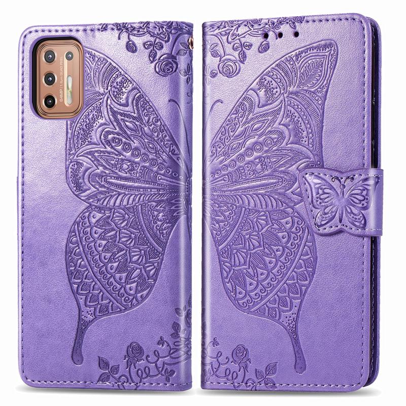 Voor Motorola Moto G9 Plus Butterfly Love Flower Reliëf Horizontale Flip Lederen Case met beugel / card slot / Portemonnee / Lanyard (Licht Paars)