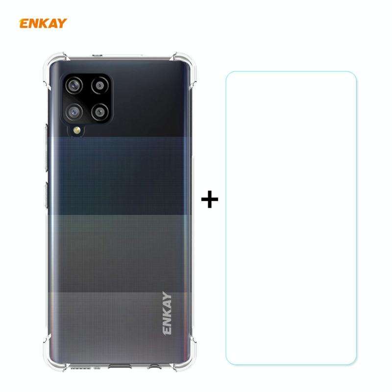 Voor Samsung Galaxy A42 5G Hat-Prince ENKAY Clear TPU Shockproof Case Soft Anti-slip Cover + 0.26mm 9H 2.5D Tempered Glass Protector Film