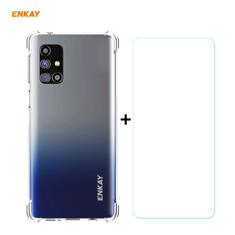 Voor Samsung Galaxy M31s Hat-Prince ENKAY Clear TPU Shockproof Case Soft Anti-slip Cover + 0.26mm 9H 2.5D Tempered Glass Protector Film