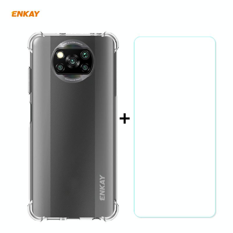 Voor Xiaomi Poco X3 / X3 NFC Hat-Prince ENKAY Clear TPU Shockproof Case Soft Anti-slip Cover + 0.26mm 9H 2.5D Tempered Glass Protector Film