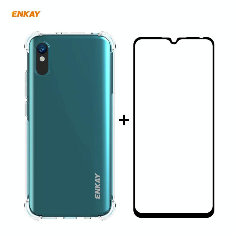 Voor Xiaomi Redmi 9A Hat-Prince ENKAY Clear TPU Shockproof Case Soft Anti-slip Cover + 0.26mm 9H 2.5D Full Glue Full Coverage Tempered Glass Protector