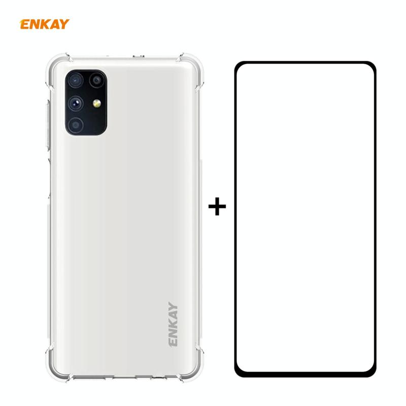 Voor Samsung Galaxy M51 Hat-Prince ENKAY Clear TPU Shockproof Case Soft Anti-slip Cover + 0.26mm 9H 2.5D Full Glue Full Coverage Tempered Glass Protec