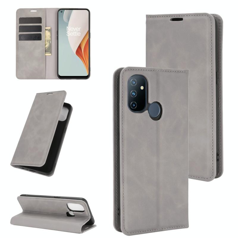 Voor OnePlus Nord N100 Retro-skin Business Magnetic Suction Leather Case met Holder & Card Slots & Wallet(Grey)