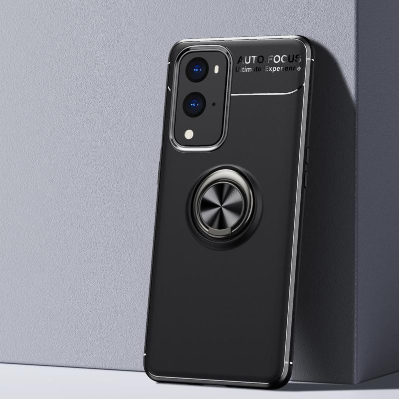 Voor OnePlus 9 Pro metalen ringhouder 360 graden roterende TPU-behuizing (zwart+zwart)