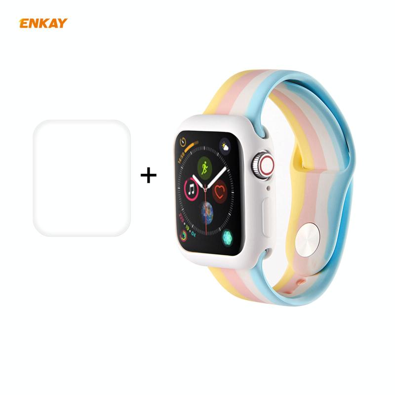 Voor Apple Watch Series 6/5/4/SE 44mm ENKAY Hat-Prince 2 in 1 Rainbow Silicone Watch Band + 3D Full Screen PET Curved Hot Bending HD Screen Protector