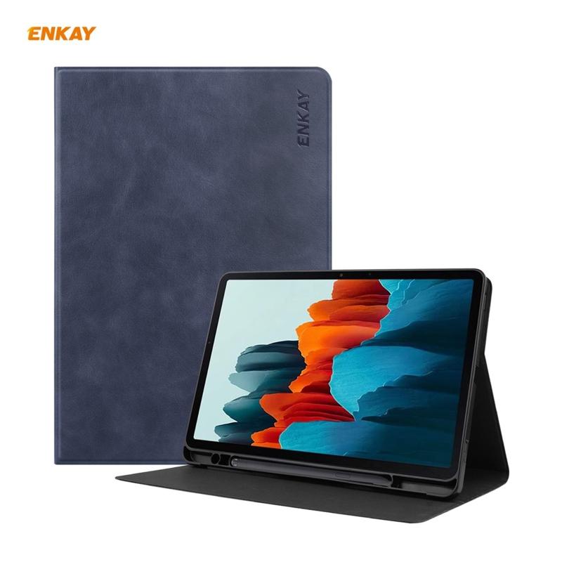 ENKAY ENK-8026 Cow Texture PU Leather + TPU Smart Case met pensleuf voor Samsung Galaxy Tab S7 11.0 T870 / T875 (donkerblauw)