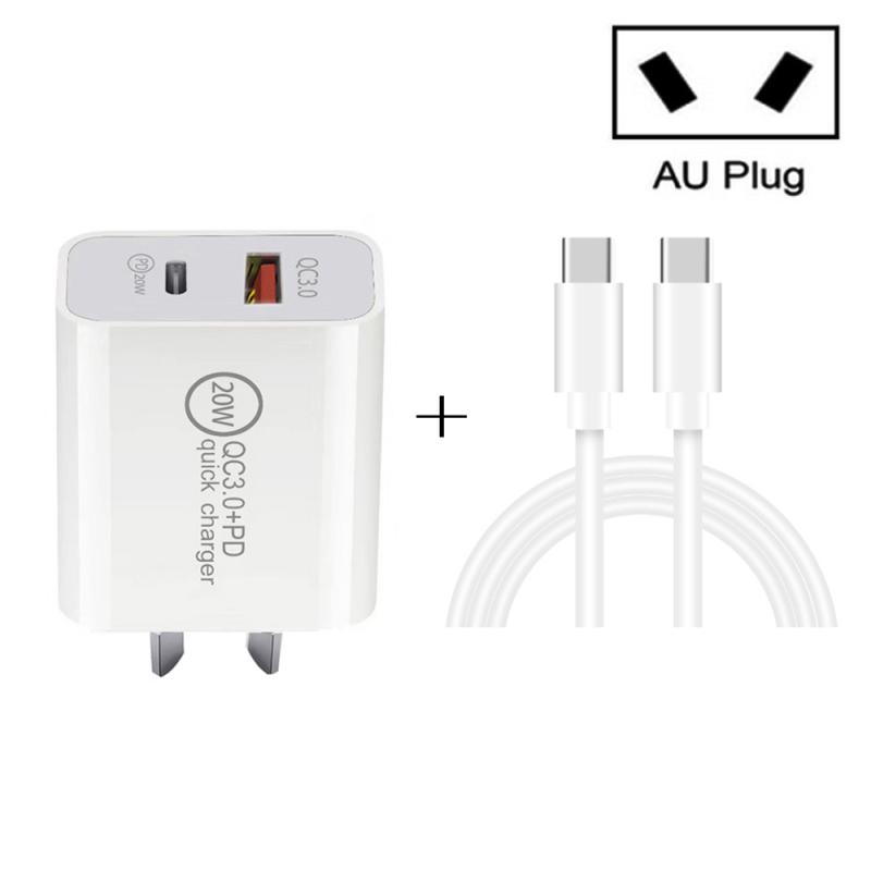 20W PD Type-C + QC 3.0 USB Interface Snelladen Reislader met USB-C / Type-C naar Type-C Fast Charge Data Cable AU Plug