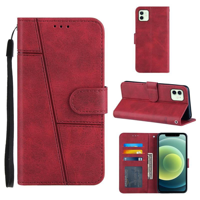 Stiksels kalf textuur gesp horizontale flip lederen geval met houder kaart slots & portemonnee & lanyard voor iPhone 12 mini (rood)