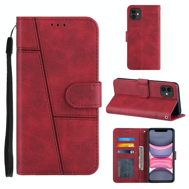 Stiksels kalf textuur gesp horizontale flip lederen geval met houder kaart slots & portemonnee & lanyard voor iPhone 11 (rood)