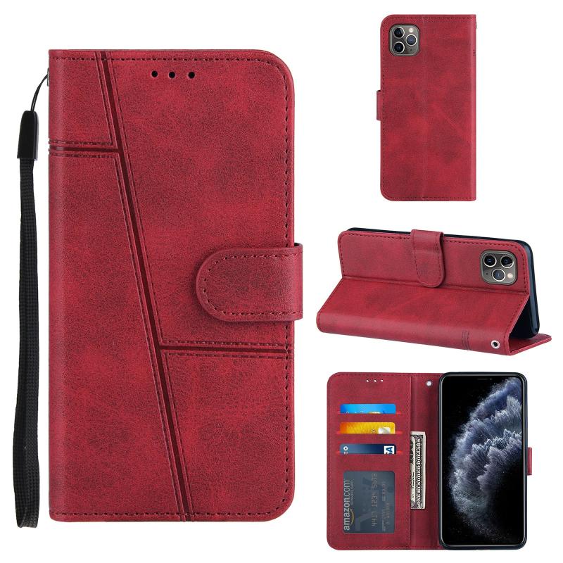Stiksels kalf textuur gesp horizontale flip lederen geval met houder kaart slots & portemonnee & lanyard voor iPhone 11 Pro Max (rood)