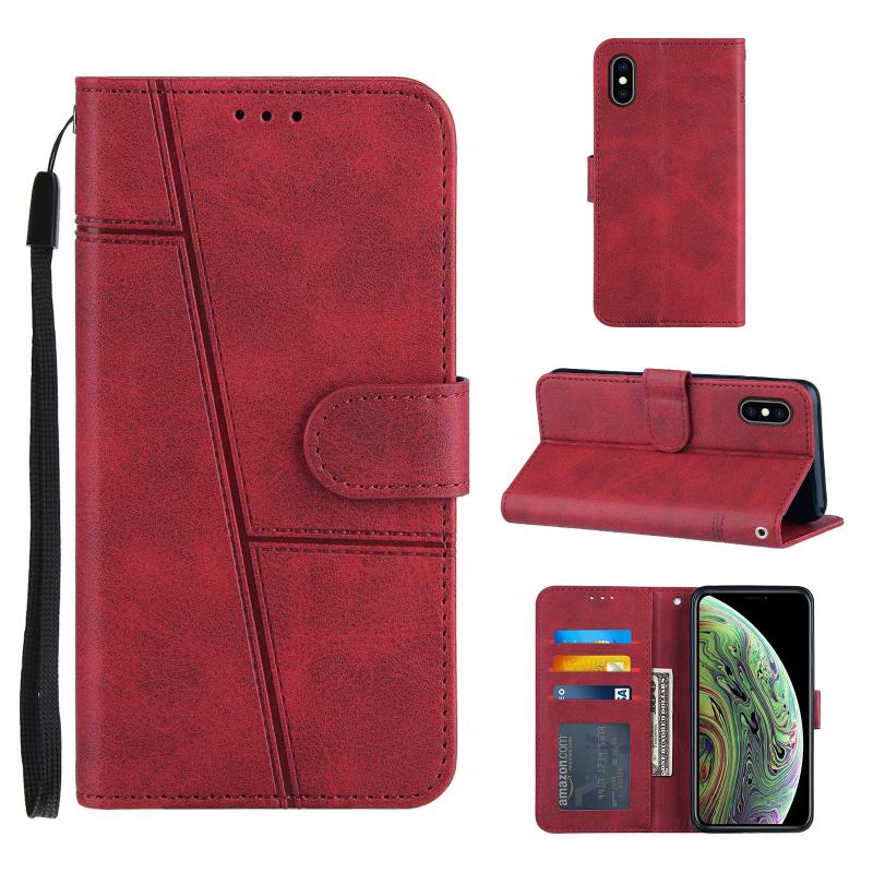 Stiksels kalf textuur gesp horizontale flip lederen geval met houder kaart slots & portemonnee & lanyard voor iPhone XS / X (rood)