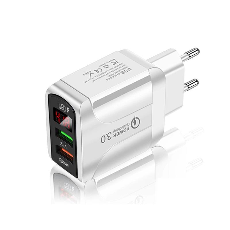 F002C QC3.0 USB + USB 2.0 Snelle oplader met LED Digital Display voor mobiele telefoons en tabletten EU-stekker