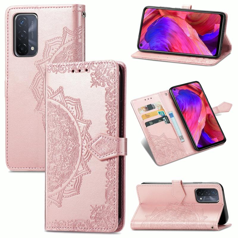 For OPPO A54 5G Mandala Flower Embossed Horizontal Flip Leather Case with Holder & Three Card Slots & Wallet & Lanyard(Rose Gold)