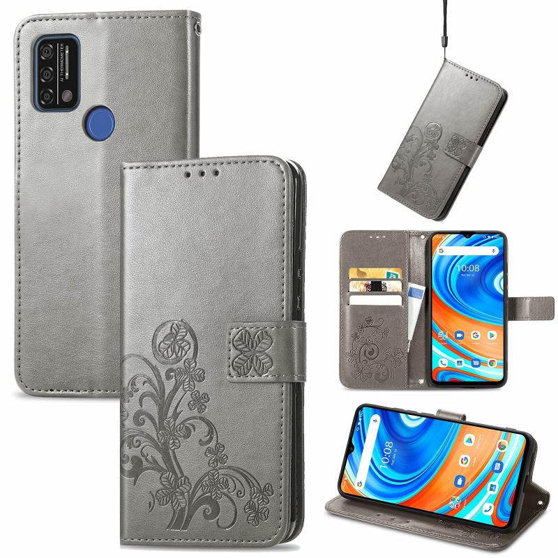Voor UMIDIGI A9 Vier-blad Sluiting Reliëf Gesp Mobiele Telefoon Bescherming Lederen Case met Lanyard & Card Slot & Portemonnee & Beugel Functie (Grijs)