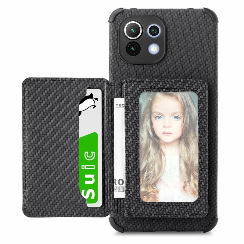 Voor Xiaomi Mi 11 Lite Carbon Fiber Magnetic Card Tas TPU + PU Schokbestendig Back Cover Case met Houder & Card Slot & Fotolijst