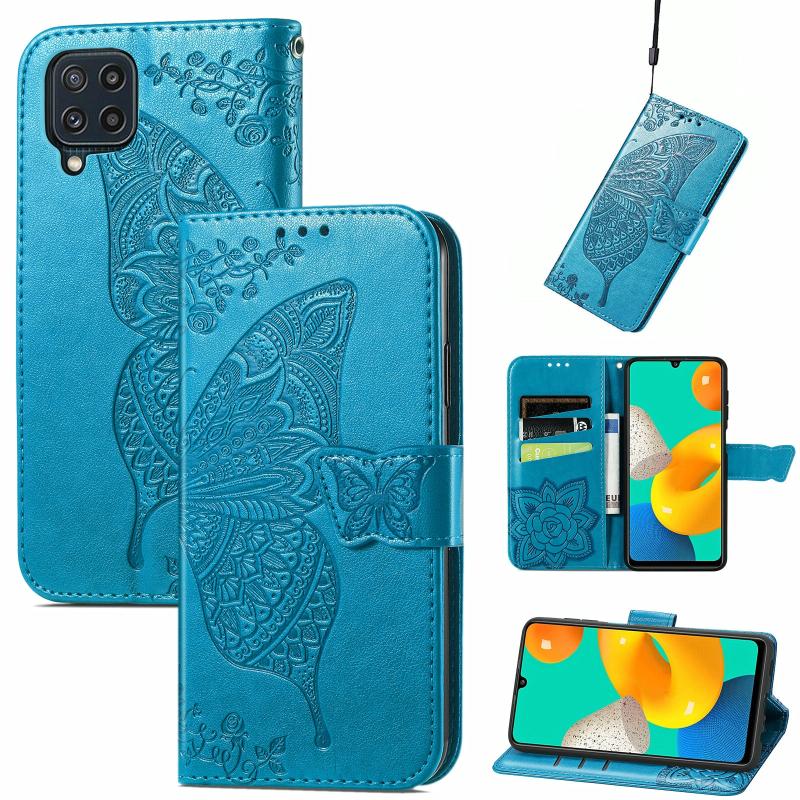 Voor Samsung Galaxy M32 Butterfly Love Flowers Reliëf Horizontale Flip Leren Case met Houder & Card Slots & Wallet & Lanyard (Blauw)