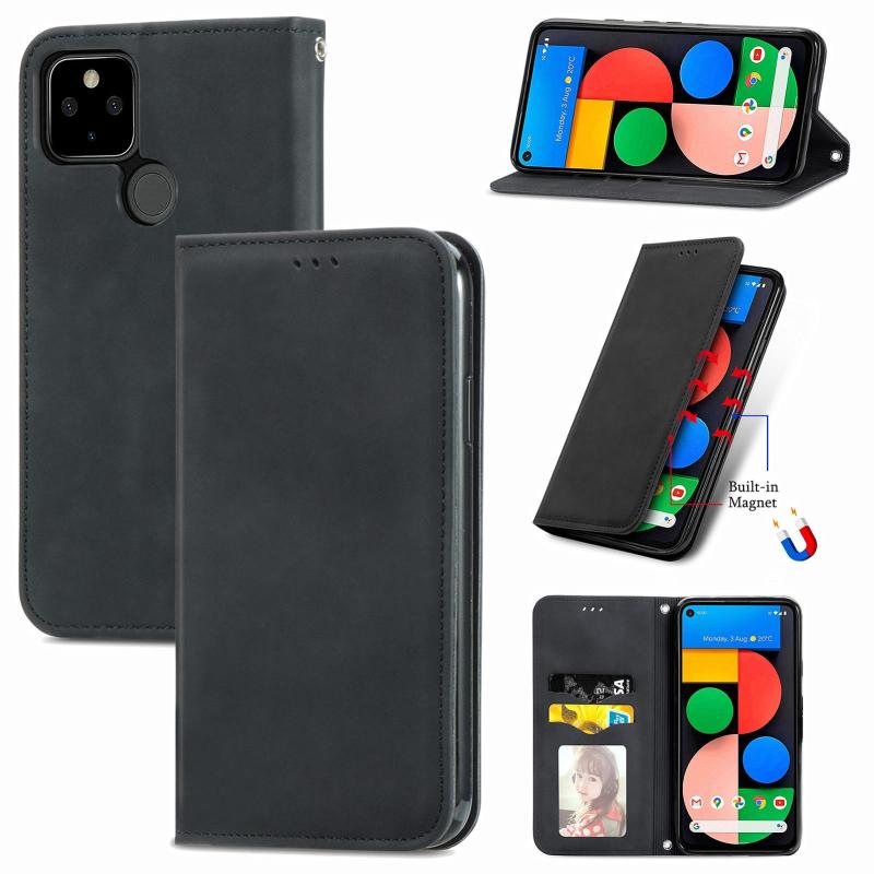 Voor Google Pixel 5A 5G Retro Huid Feel Business Magnetische Horizontale Flip Lederen Case met Houder & Card Slots & Portemonnee & Fotolijst (Zwart)