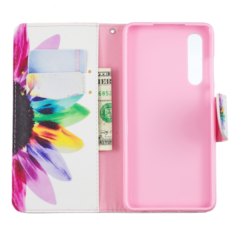Gekleurde tekening patroon horizontale Flip lederen case voor Huawei P30 met houder & kaartsleuven & portemonnee (zonnebloem)