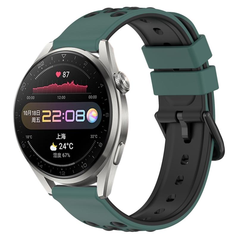 Voor Huawei Watch 3 Pro 22 mm tweekleurige poreuze siliconen horlogeband (olijfgroen + zwart)