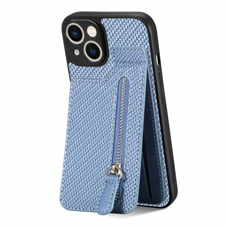 Voor iPhone 14 Koolstofvezel Verticale Flip Rits Telefoon Case(Blauw)