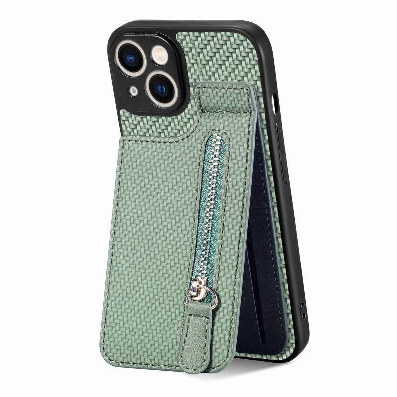 Voor iPhone 14 Koolstofvezel Verticale Flip Rits Telefoon Case(Groen)