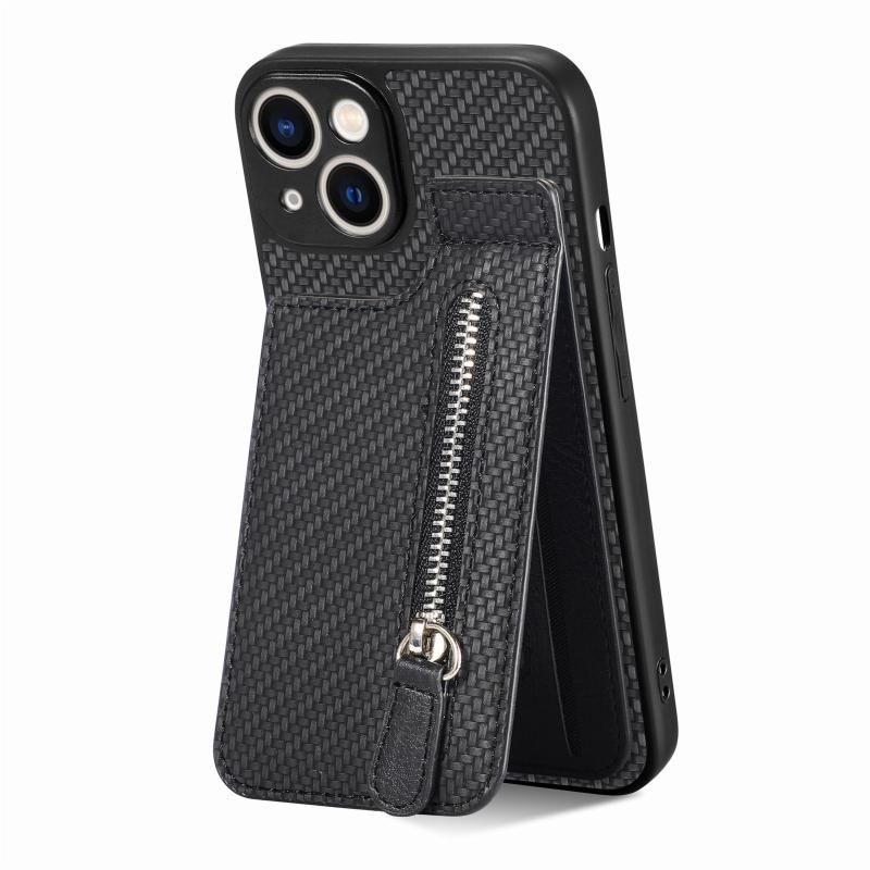 Voor iPhone 14 Pro Koolstofvezel Verticale Flip Rits Telefoon Case (Zwart)