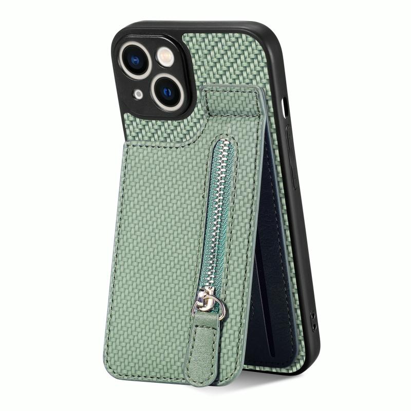 Voor iPhone 14 Pro Koolstofvezel Verticale Flip Rits Telefoon Case(Groen)