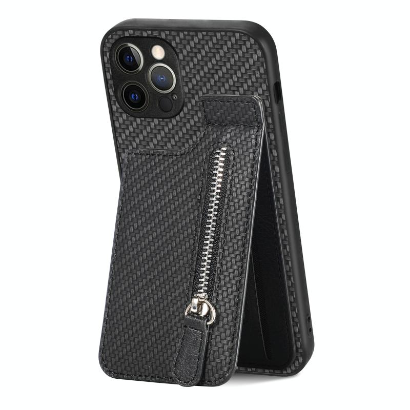 Voor iPhone 12 Pro Max Koolstofvezel Verticale Flip Rits Telefoon Case (Zwart)