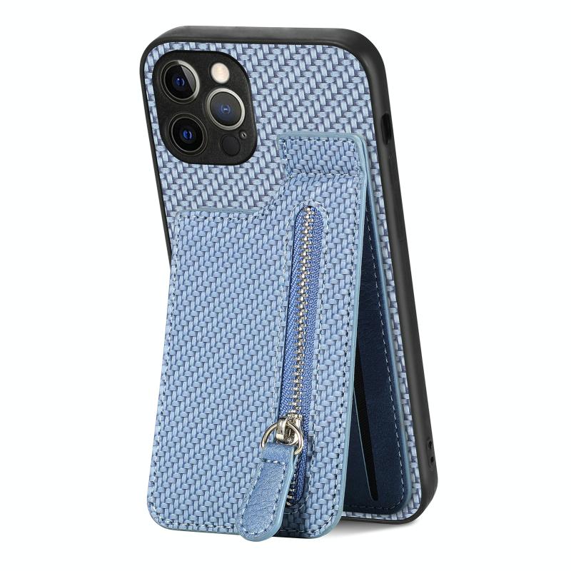 Voor iPhone 12 Pro Max Koolstofvezel Verticale Flip Rits Telefoon Case(Blauw)