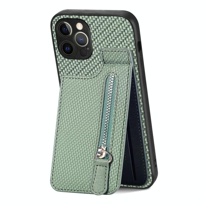 Voor iPhone 12 Pro Max Koolstofvezel Verticale Flip Rits Telefoon Case(Groen)