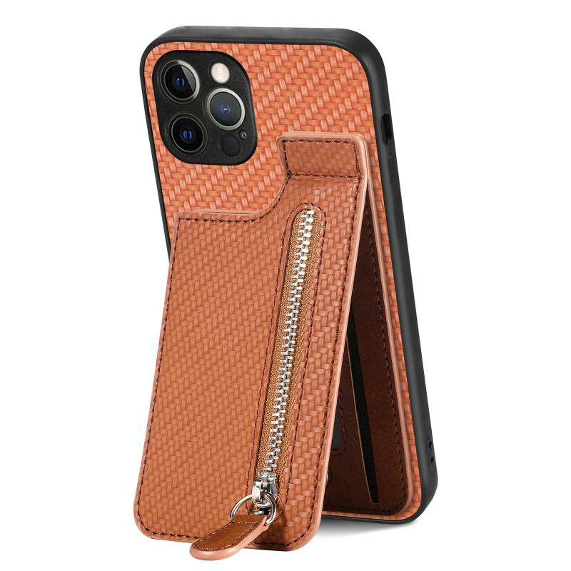 Voor iPhone 12 Pro Max Koolstofvezel Verticale Flip Rits Telefoon Case(Bruin)