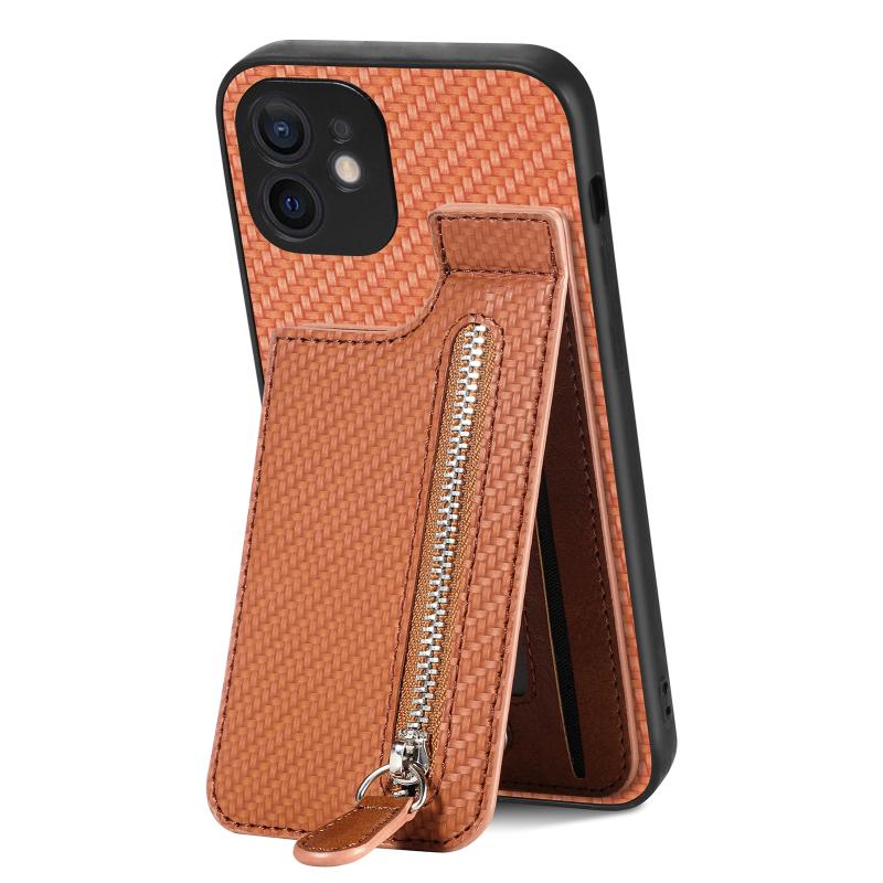 Voor iPhone 11 Koolstofvezel Verticale Flip Rits Telefoon Case(Bruin)