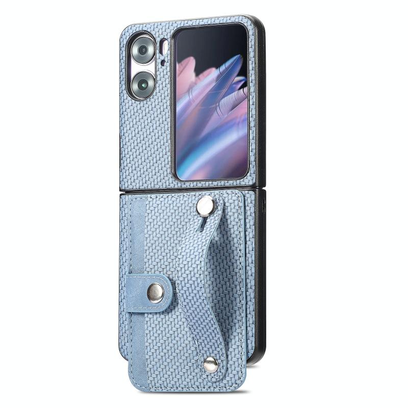 Voor OPPO Find N2 Flip Polsband Kickstand Card Wallet Back Cover Phone Case(Blauw)