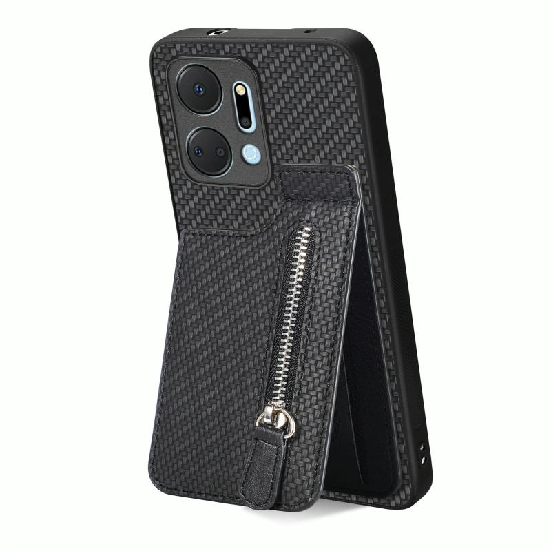 For Honor X7A Koolstofvezel Verticale Flip Rits Telefoon Case (Zwart)