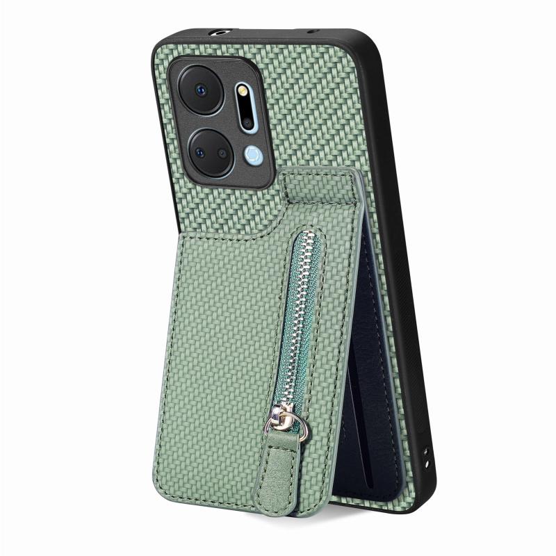 For Honor X7A Koolstofvezel Verticale Flip Rits Telefoon Case(Groen)