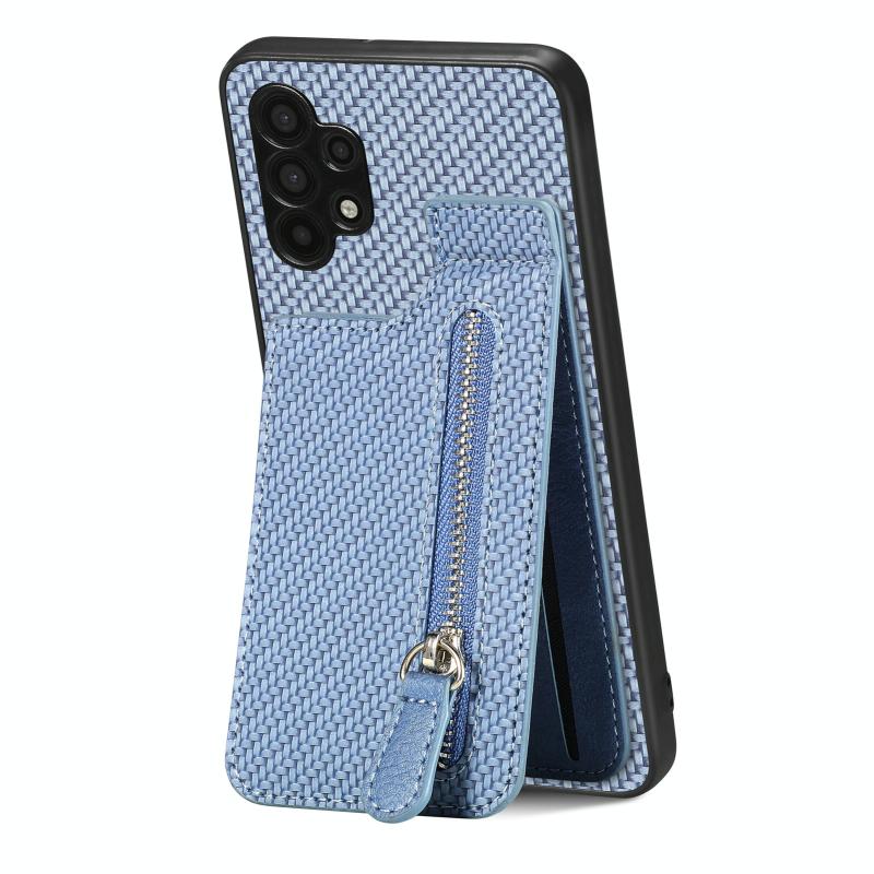 Voor Samsung Galaxy A32 5G Koolstofvezel Verticale Flip Rits Telefoon Case(Blauw)