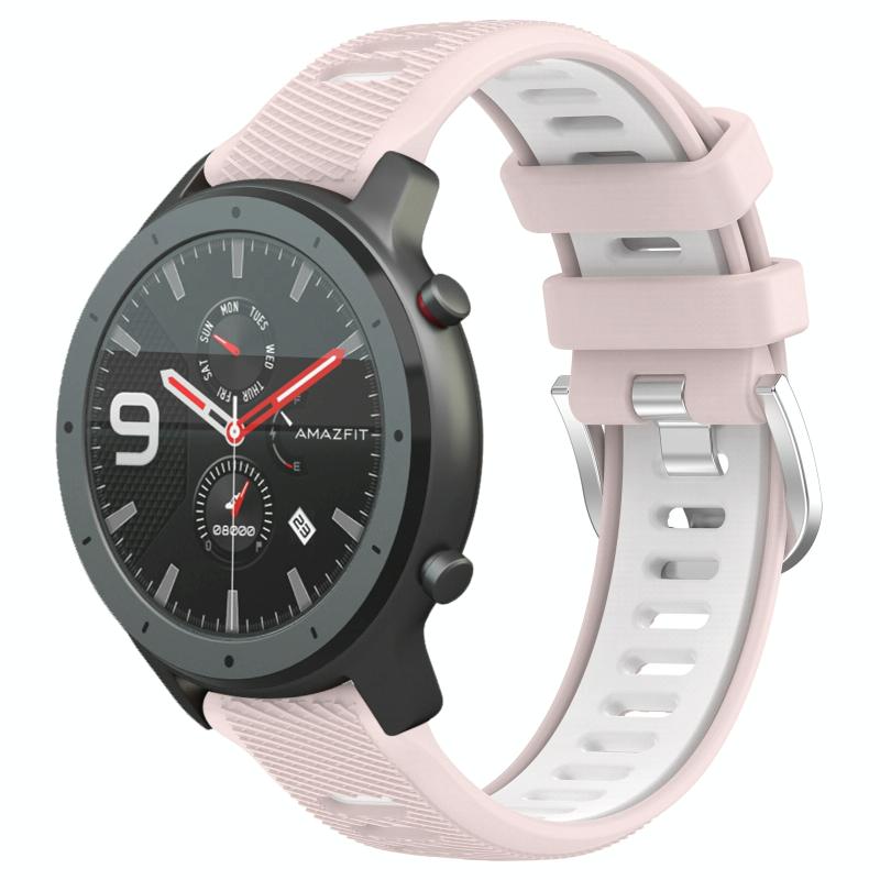 Voor Amazfit GTR 47 mm 22 mm kruistextuur twee kleuren siliconen stalen gesp horlogeband (roze + wit)