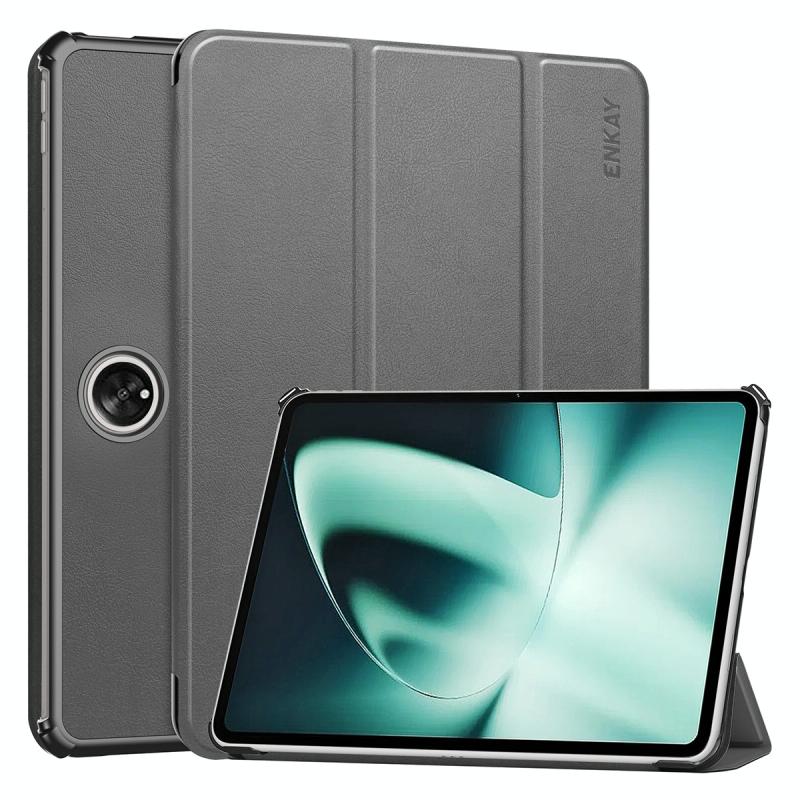 Voor OnePlus Pad / OPPO Pad 2 ENKAY Tri-fold Custer Texture Leather Stand Smart Case (Grijs)